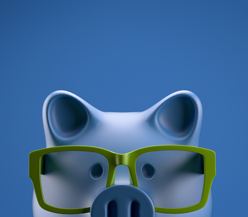 Blue piggy bank with green glasses